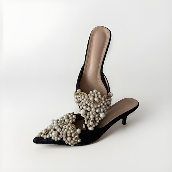 Kitten Heels Slip On Poeticka Womans Faux Pearl & Lace Gems Sz. 7.5 EU Sz. 38 - Picture 1 of 10